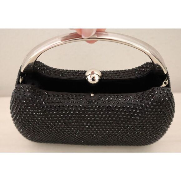 Nina Black Crystal Minaudiere w/Metal Handle & Detachable Drop-In Chain Strap - Picture 13 of 14